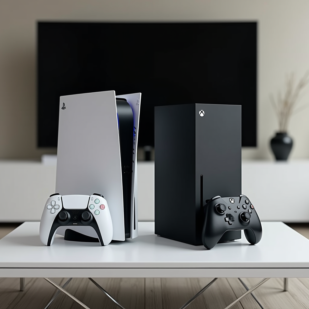 Playstation 5 и XBOX Series X на фоне телевизора